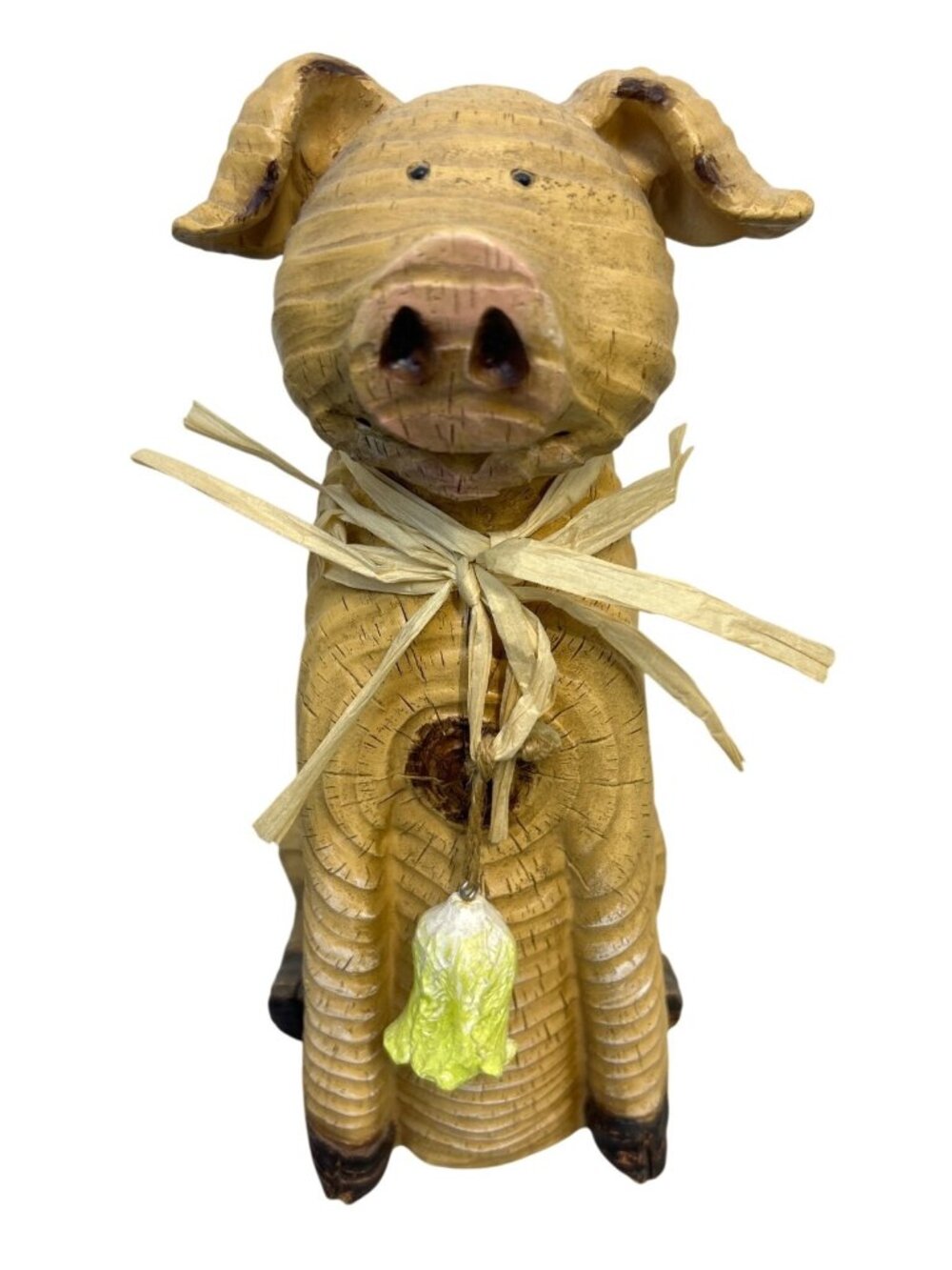Hand Carved 10" Wooden Pig Figurine Raffia Bow Green Bell Rustic Farmhouse Decor